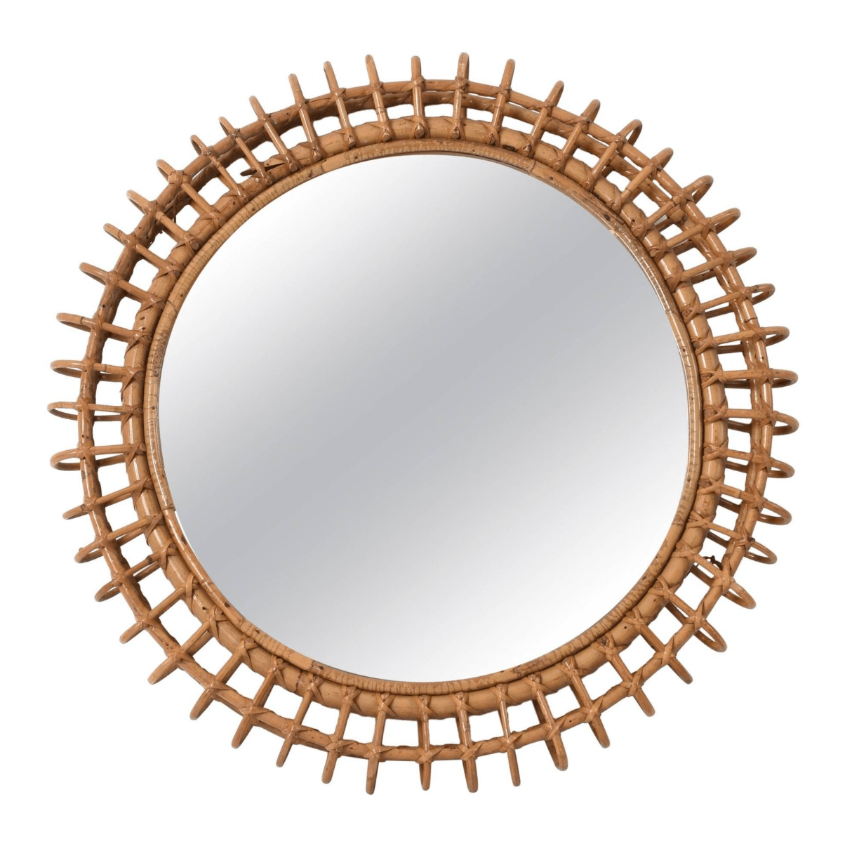 Round Italian Rattan Wall Mirror Attributed to Albini, 1970s, Mid-Century Modern