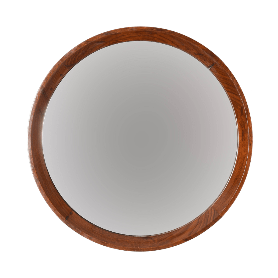 Specchio da parete rotondo con cornice in noce. Italia anni '70