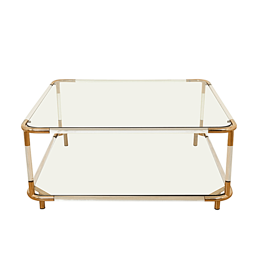 Tavolo da cocktail Charles Hollis Jones in acciaio lucido e ottone, piano in vetro a due livelli