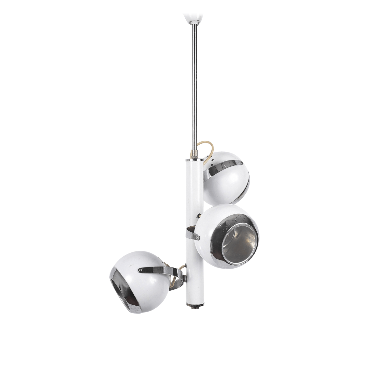 Lampadario Space Age con tre luci regolabili. Bianco italiano e cromato, anni '70